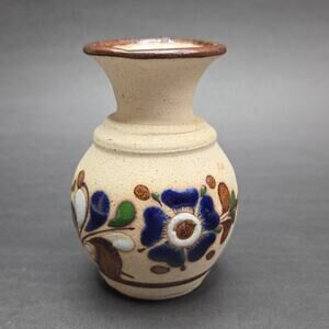 Mexican Tonala Floral Bud Vase Folk Art Pottery 4in Clay Sandstone Texture Crock